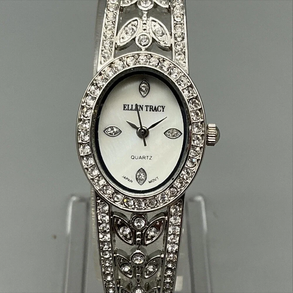Ellen Tracy ETS048 Womens Watch 21mm MOP Dial Silver Tone Crystals New Battery
